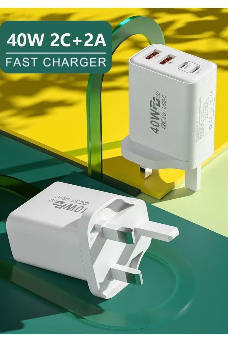 40w 4-Port USB C Fast Charger, 1 Pack, White, C-Type Fast Power Adapter, Suitable for Smartphones, Tablets, Supports Pd3.0 Qc4.0 Afc Scp/Fcp, Fast Charging Suitable for iPhone 16 15 14 13 12 11 (White) - Image 1