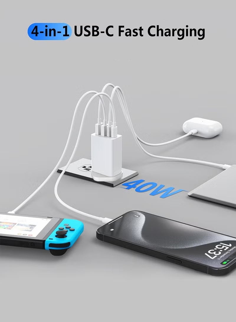 40w 4-Port USB C Fast Charger, 1 Pack, White, C-Type Fast Power Adapter, Suitable for Smartphones, Tablets, Supports Pd3.0 Qc4.0 Afc Scp/Fcp, Fast Charging Suitable for iPhone 16 15 14 13 12 11 (White) - Image 4