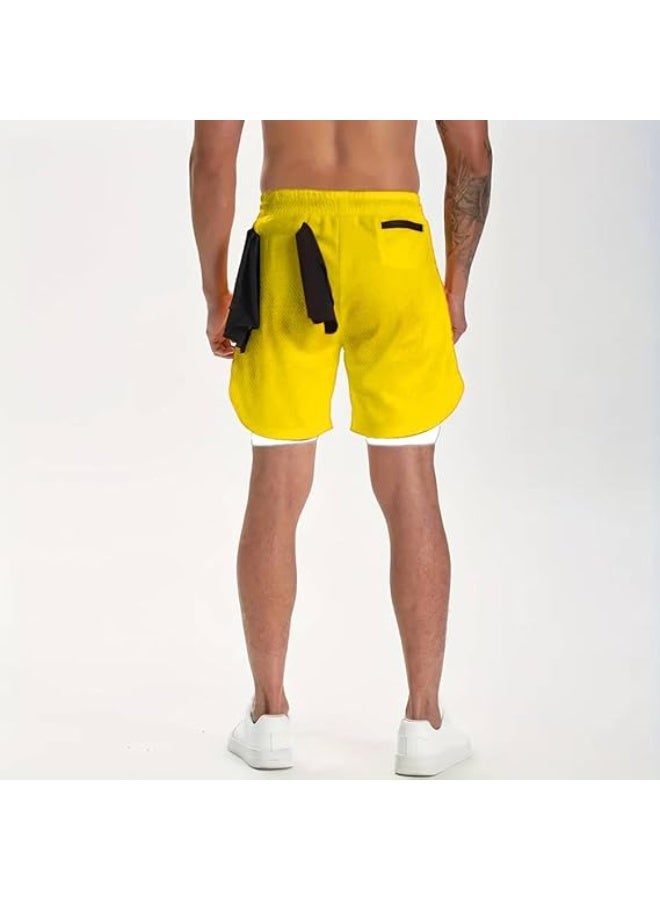 VITION Gym Shorts for Men, Men's Activewear Running Shorts,Drawstring Gym Shorts Men, 2 Layer Loose Athletic Shorts with 4 Pockets (Large, Yellow) - Image 5