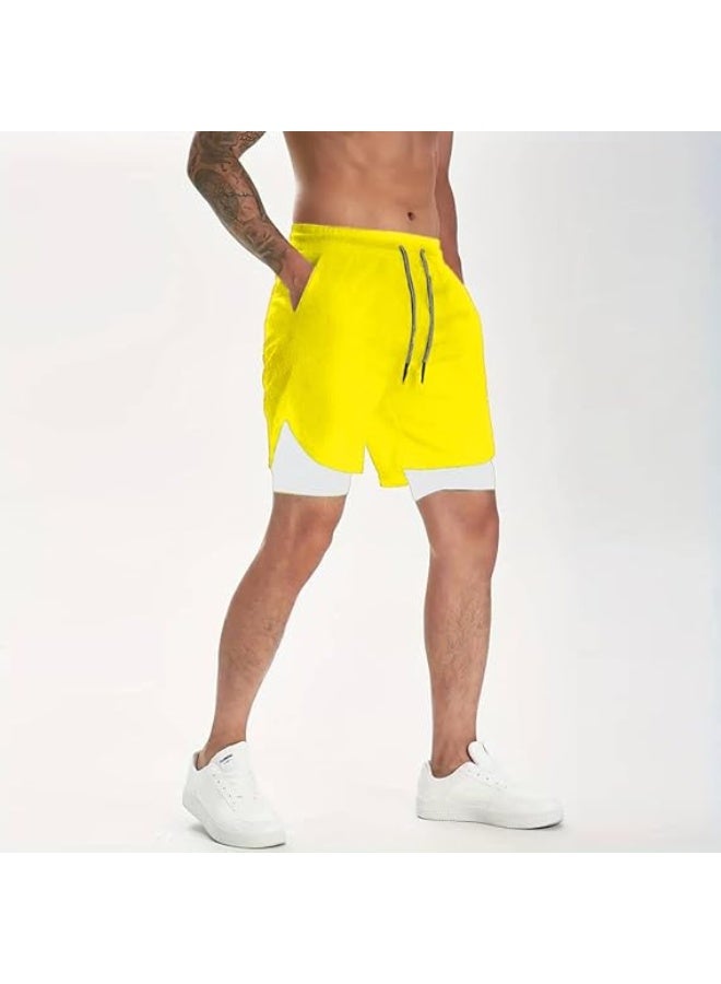 VITION Gym Shorts for Men, Men's Activewear Running Shorts,Drawstring Gym Shorts Men, 2 Layer Loose Athletic Shorts with 4 Pockets (Large, Yellow) - Image 2