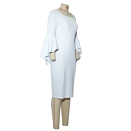 Cololura Women Three-Quarter Sleeve Flared Mid-Calf Elegant High Waist Formal Bodycon Midi Dress White - Image 5