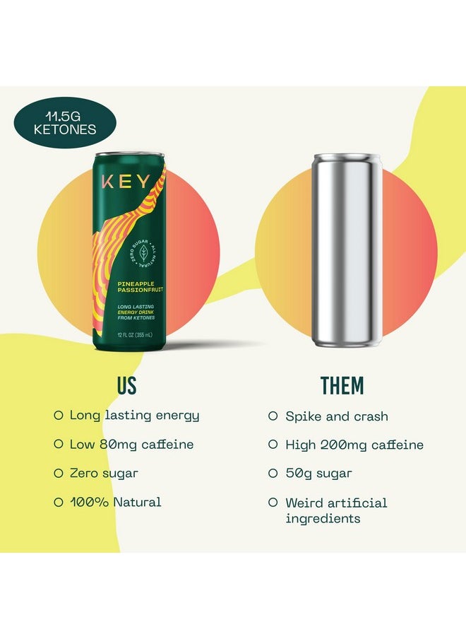 Key KEY Ketone Energy Drink : Sugar Free, 80mg Low Caffeine, All Natural, 11.5g Ketones, Long Lasting Energy, Green Tea & L-Theanine for Mental Focus, Pineapple Passionfruit (Pack of 12)  - Image 5