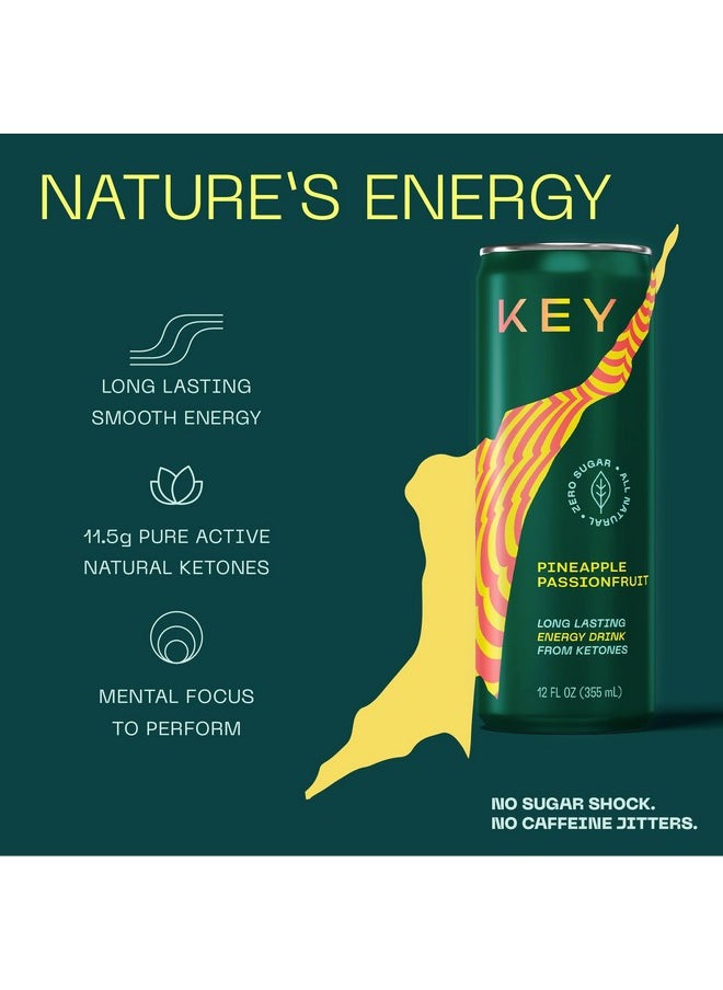 Key KEY Ketone Energy Drink : Sugar Free, 80mg Low Caffeine, All Natural, 11.5g Ketones, Long Lasting Energy, Green Tea & L-Theanine for Mental Focus, Pineapple Passionfruit (Pack of 12)  - Image 2
