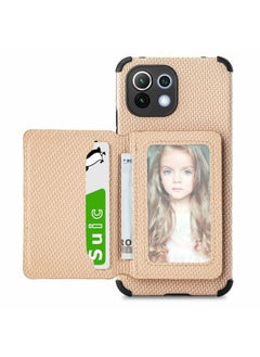 Case Cover For Xiaomi Mi 11 Lite Carbon Fiber Magnetic Card Bag TPU+PU Shockproof Back Cover Case with Holder & Card Slot & Photo Frame Gold