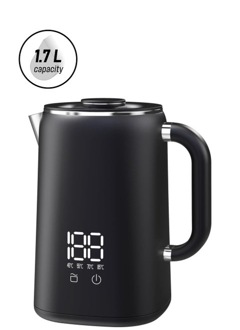 Kettle Stainless Steel 1.7 Litres, Small Kettle with Temperature Setting 45 °C - 100 °C, Automatic Shut-Off, Boil Dry Protection, Overheating Protection, 1500 W, Black