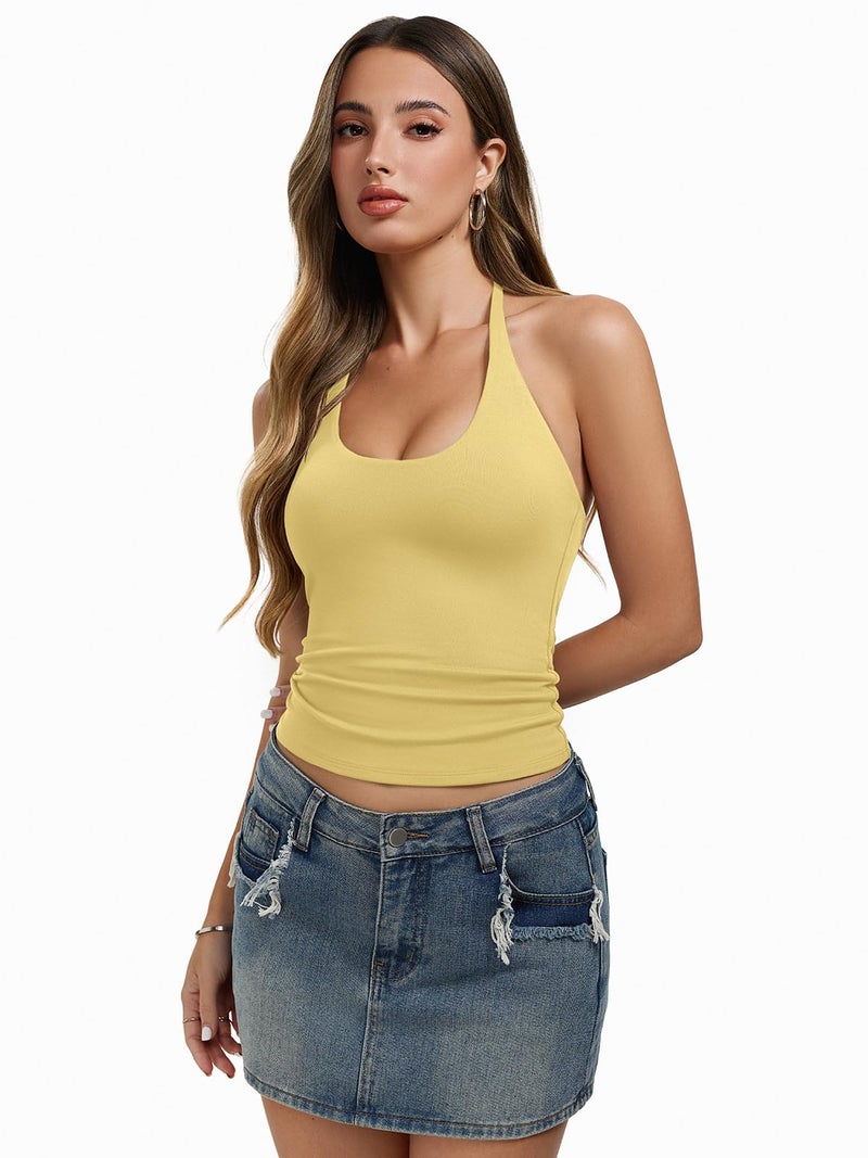 REORIA Women's Tie Halter Tank Tops Basic Scoop Neck Backless Double Lined Going Out Outfits Cute Summer Trendy Sleeveless Shirts - Image 2