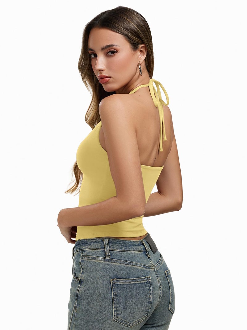 REORIA Women's Tie Halter Tank Tops Basic Scoop Neck Backless Double Lined Going Out Outfits Cute Summer Trendy Sleeveless Shirts - Image 3