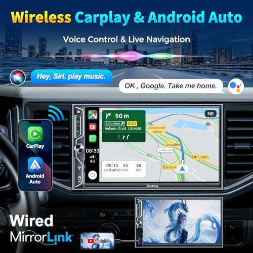 SJoyBring 7 Inch Double Din Car Stereo with Wireless CarPlay and Android Auto, Bluetooth, Phone Mirror Link, HD Touchscreen, Backup Camera, 4.2-Channel, FM/AM Car Radio - Image 2
