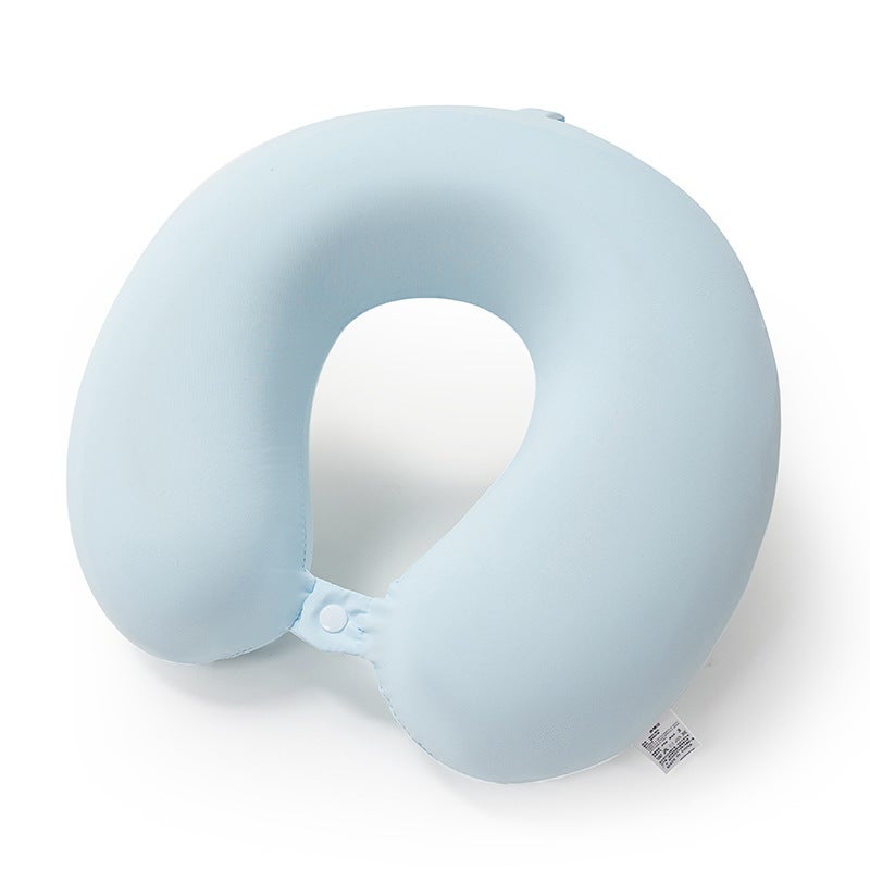 Portable U-Shape Memory Foam Neck Pillow for Travel [light blue] cool ice silk (memory foam + removable and washable) 