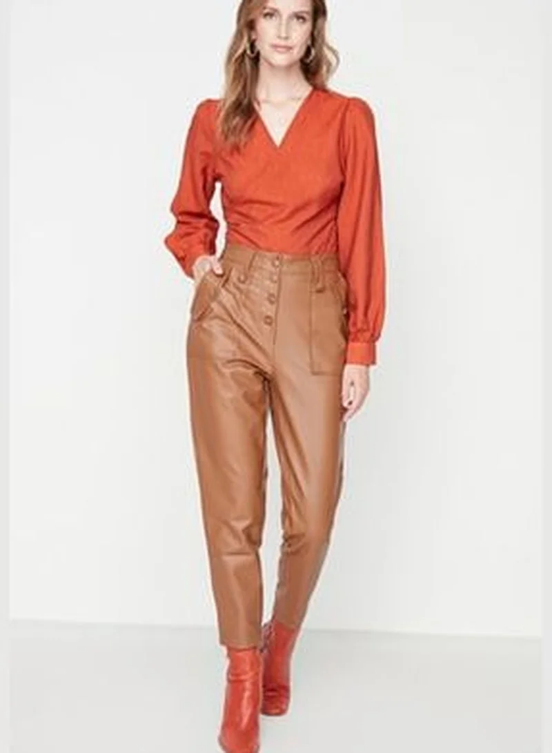 trendyol Camel Carrot Weave Faux Leather Trousers With Buttons In The Front TWOAW22PL0083