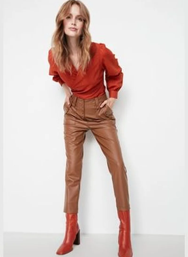 trendyol Camel Carrot Weave Faux Leather Trousers With Buttons In The Front TWOAW22PL0083