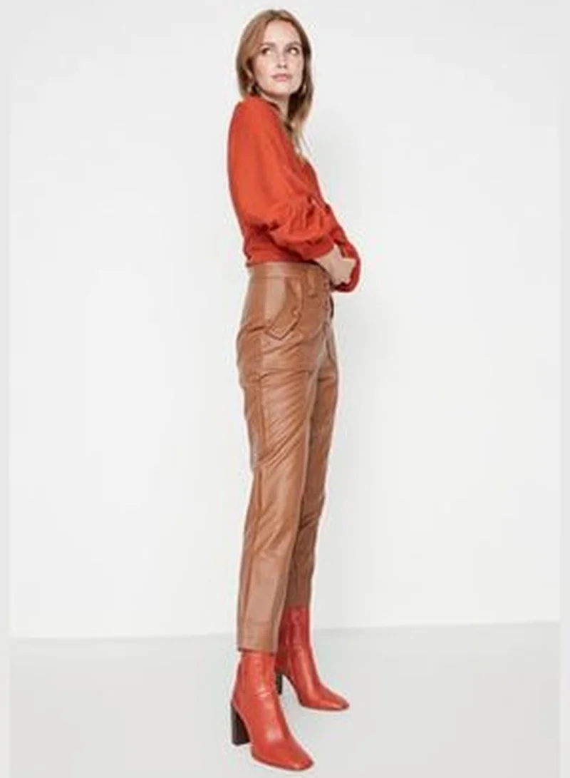 trendyol Camel Carrot Weave Faux Leather Trousers With Buttons In The Front TWOAW22PL0083