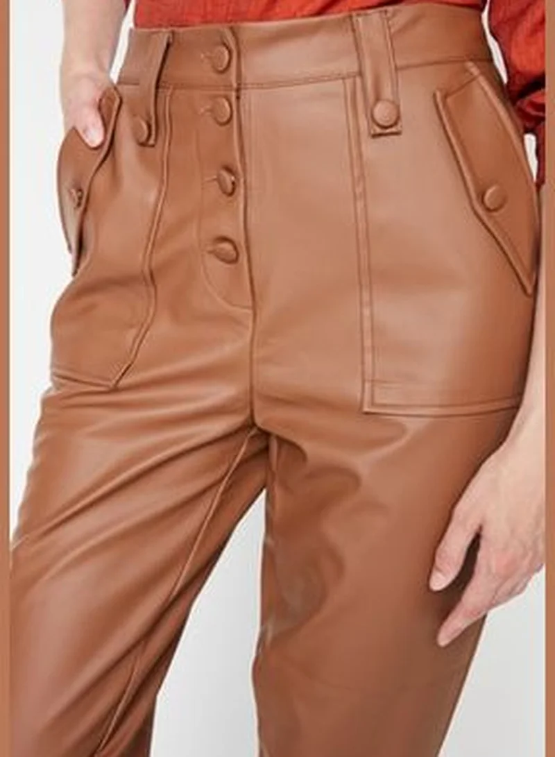 trendyol Camel Carrot Weave Faux Leather Trousers With Buttons In The Front TWOAW22PL0083