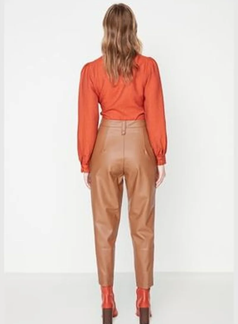 trendyol Camel Carrot Weave Faux Leather Trousers With Buttons In The Front TWOAW22PL0083