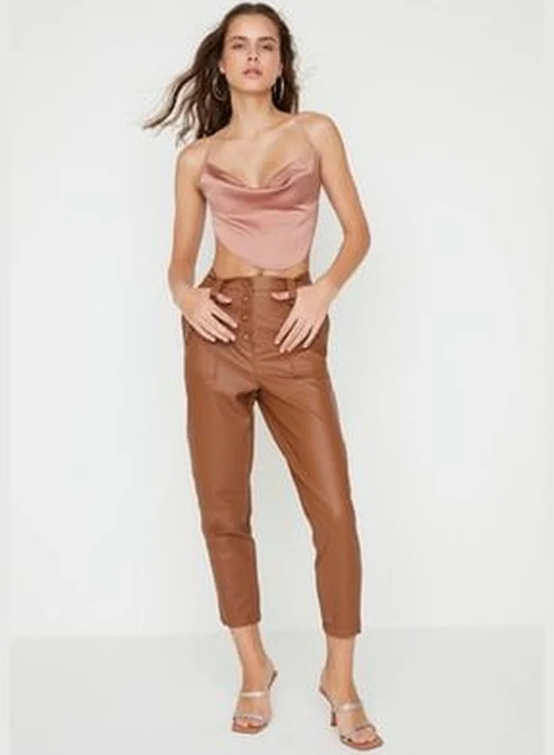 trendyol Camel Carrot Weave Faux Leather Trousers With Buttons In The Front TWOAW22PL0083
