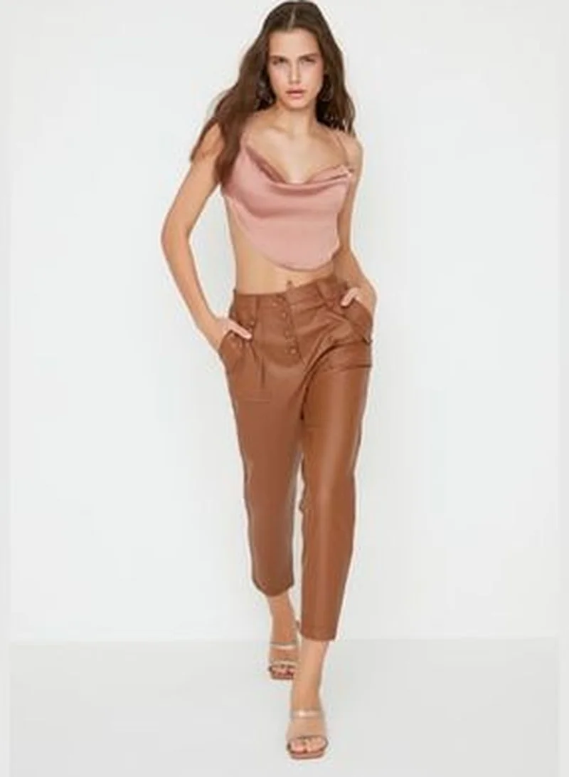 trendyol Camel Carrot Weave Faux Leather Trousers With Buttons In The Front TWOAW22PL0083