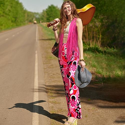Leumoi 5 Pcs 60s 70s Costume for Women Disco Outfits Hippie Accessories Fringe Vest Boho Flared Pants Set for Halloween(Large,Sweet) - Image 2