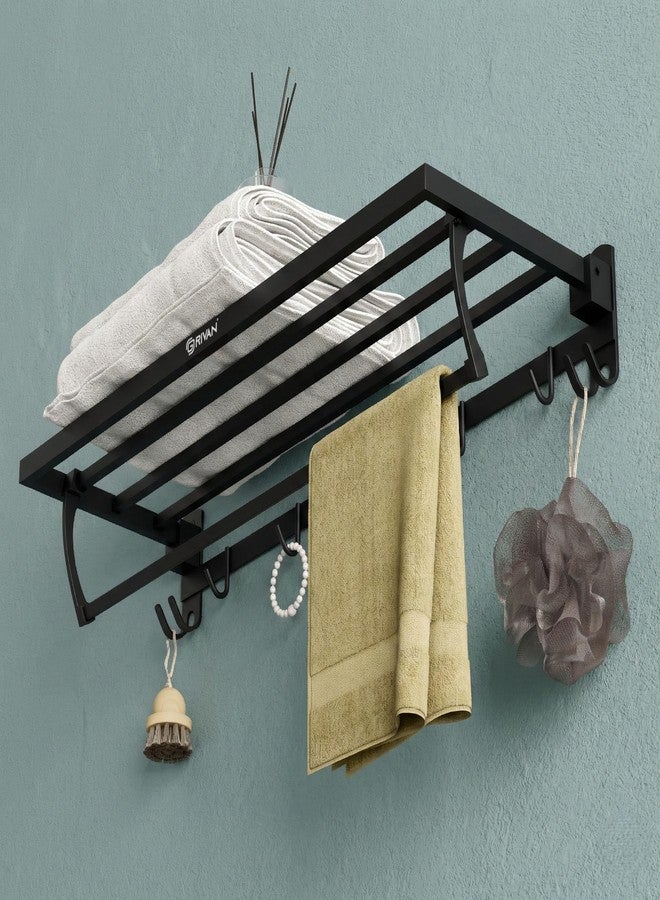 GRIVAN Stainless Steel Foldable Black Towel Rack with Shelf & Hooks | Wall Mount Bathroom Towel Holder, Cloth Hanger & Organizer (Matte Black, 24 Inch) - Image 1