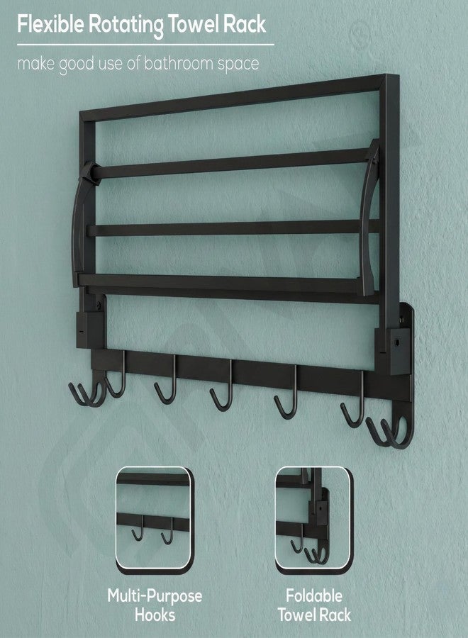 GRIVAN Stainless Steel Foldable Black Towel Rack with Shelf & Hooks | Wall Mount Bathroom Towel Holder, Cloth Hanger & Organizer (Matte Black, 24 Inch) - Image 4