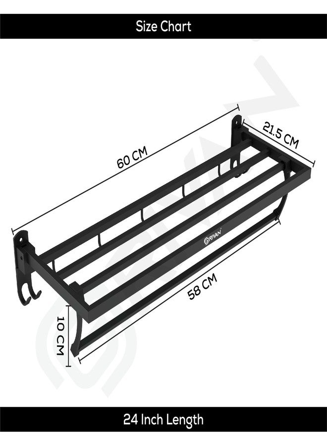 GRIVAN Stainless Steel Foldable Black Towel Rack with Shelf & Hooks | Wall Mount Bathroom Towel Holder, Cloth Hanger & Organizer (Matte Black, 24 Inch) - Image 2
