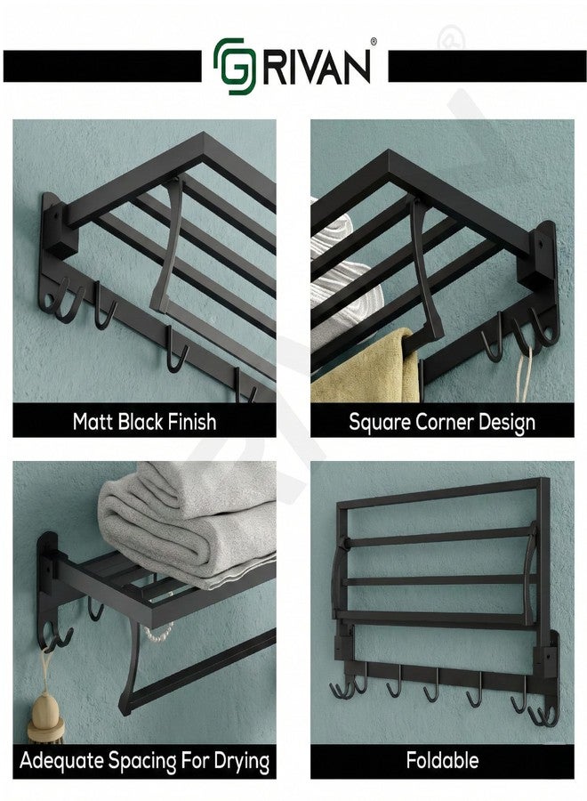 GRIVAN Stainless Steel Foldable Black Towel Rack with Shelf & Hooks | Wall Mount Bathroom Towel Holder, Cloth Hanger & Organizer (Matte Black, 24 Inch) - Image 3