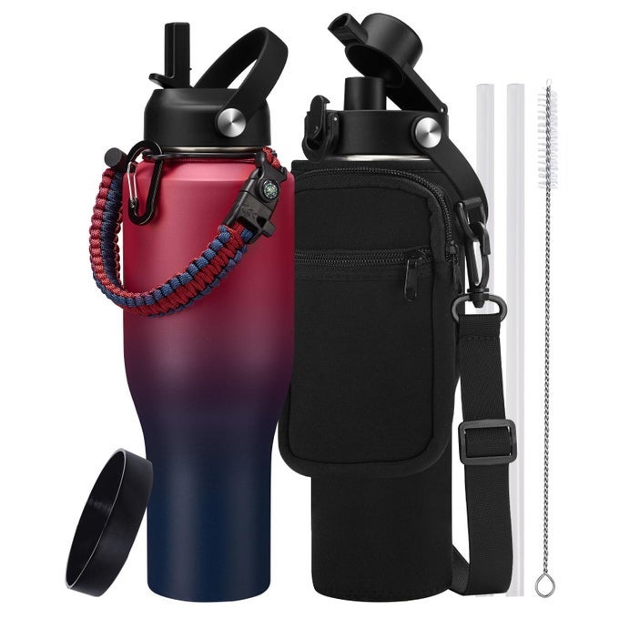 INSULATED WATER BOTTLE 40 OZ FITS IN ANY CAR CUP HOLDER KEEP COLD 48H HOT 24H STAINLESS STEEL WATERBOTTLE DOUBLE WALL FLASK WITH STRAW POPUP SPOUT LID PARACORD HANDLE CARRIER BAG