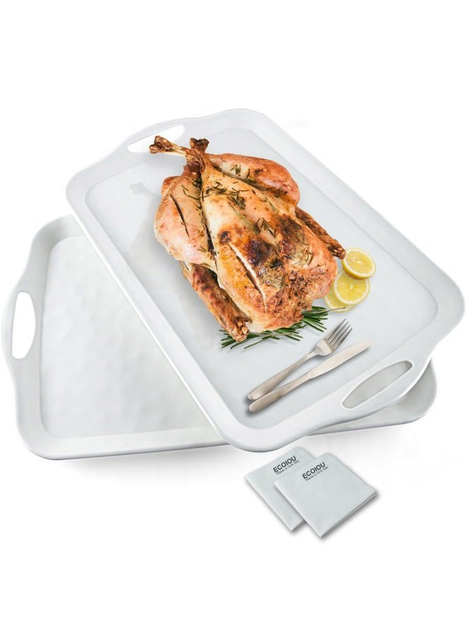 ECOIOU Extra Large Serving Tray with Handles, 20x13 inch, Set of 2 Melamine Platters for Serving Food, Turkey, Cookie, Rectangular Trays for Eating, Raised Dots Matt Finished, Dishwasher Safe, White - Image 1