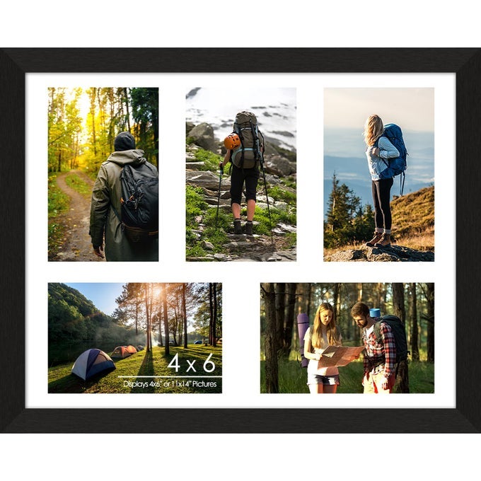 4X6 WOOD PHOTO COLLAGE FRAME 5 OPENINGS 11X14 MULTI PICTURE FRAME COLLAGE WALL DECOR BRUSHED BLACK FRAME WITH WHITE MAT SOLID PINE WOOD