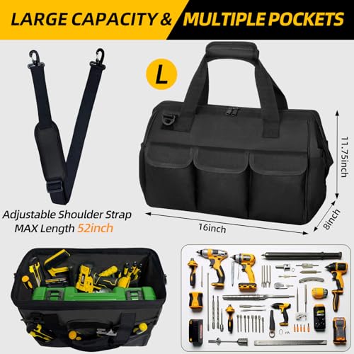 NECKORY Tool Bag, Portable Tool Box Organizer Adjustable Shoulder Strap, Carry Tool Tote Heavy Duty Tool Storage Bag With Wide Mouth Double Zipper,Tool Bags for Men Mechanic Engineer Gift - L, Black - Image 2