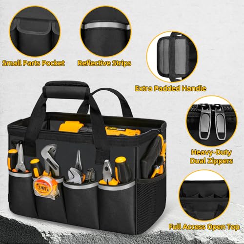 NECKORY Tool Bag, Portable Tool Box Organizer Adjustable Shoulder Strap, Carry Tool Tote Heavy Duty Tool Storage Bag With Wide Mouth Double Zipper,Tool Bags for Men Mechanic Engineer Gift - L, Black - Image 3