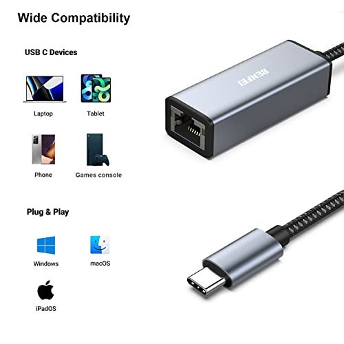 BENFEI USB-C to Ethernet Adapter, USB Type-C (Thunderbolt 3/4) to RJ45 Gigabit Ethernet LAN Network Adapter Compatible with iPhone 15 Pro/Max, MacBook Pro/Air 2023, iPad Pro,iMac, S23, XPS 17 and More - Image 4