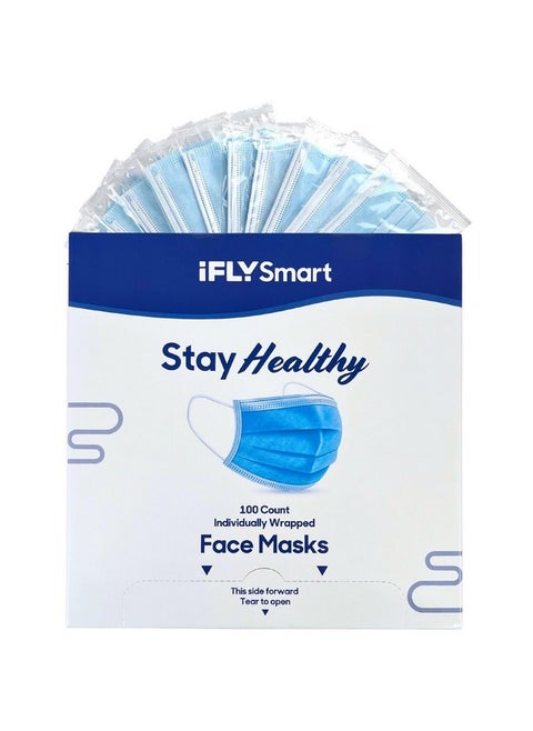 IFLY Smart Premium Disposable Blue Face Mask Individually Wrapped - Soft on Skin - 100 Pack of 3-Ply Masks Facial Cover