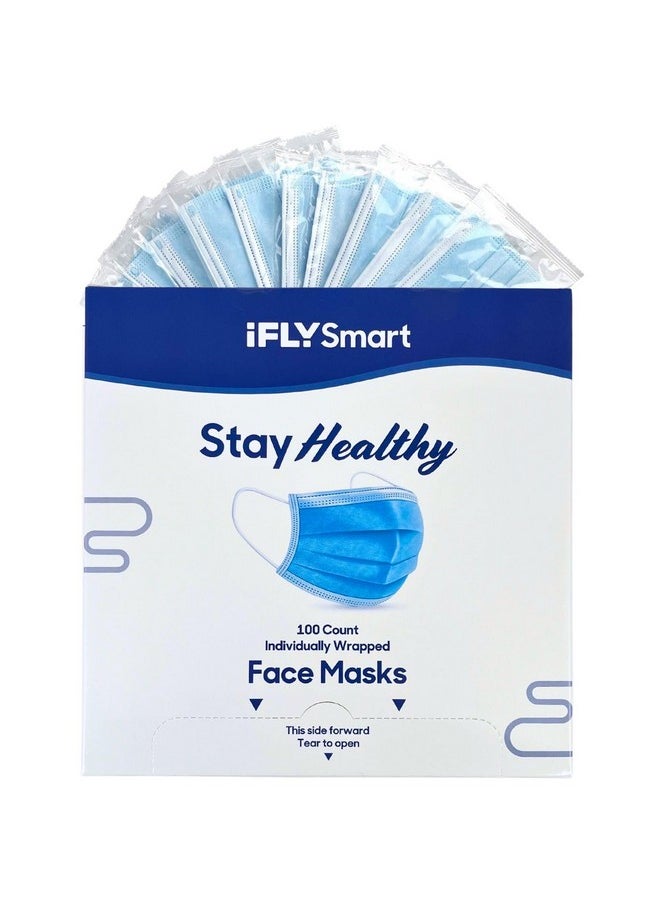 ClearLee IFLY Smart Premium Disposable Blue Face Mask Individually Wrapped - Soft on Skin - 100 Pack of 3-Ply Masks Facial Cover  - Image 1