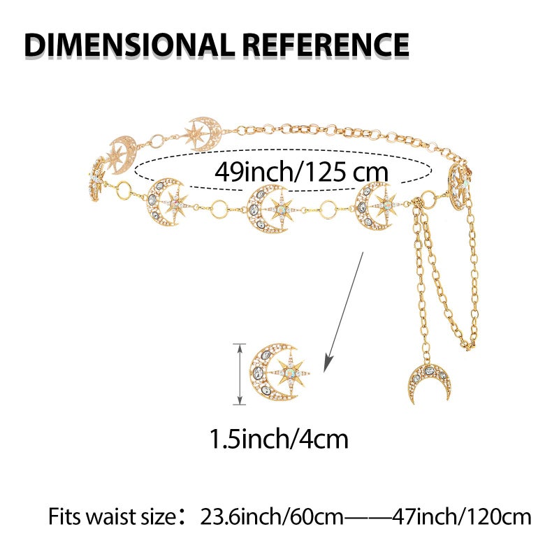 ELABEST Rhinestone Moon Chain Belt Sparkly Star Waist Chain Adjustable Body Jewley for Women Dress Belt Accessory (Gold moon star C) - Image 5