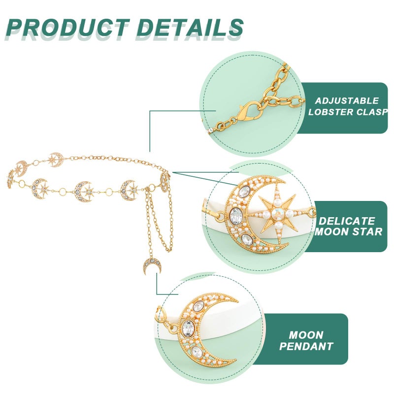 ELABEST Rhinestone Moon Chain Belt Sparkly Star Waist Chain Adjustable Body Jewley for Women Dress Belt Accessory (Gold moon star C) - Image 3