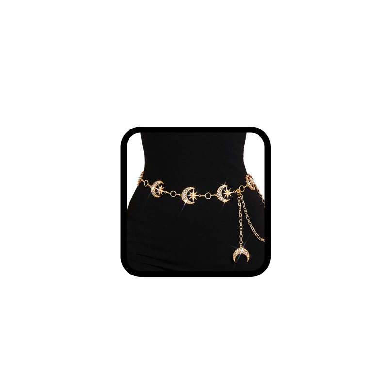 ELABEST Rhinestone Moon Chain Belt Sparkly Star Waist Chain Adjustable Body Jewley for Women Dress Belt Accessory (Gold moon star C) - Image 1