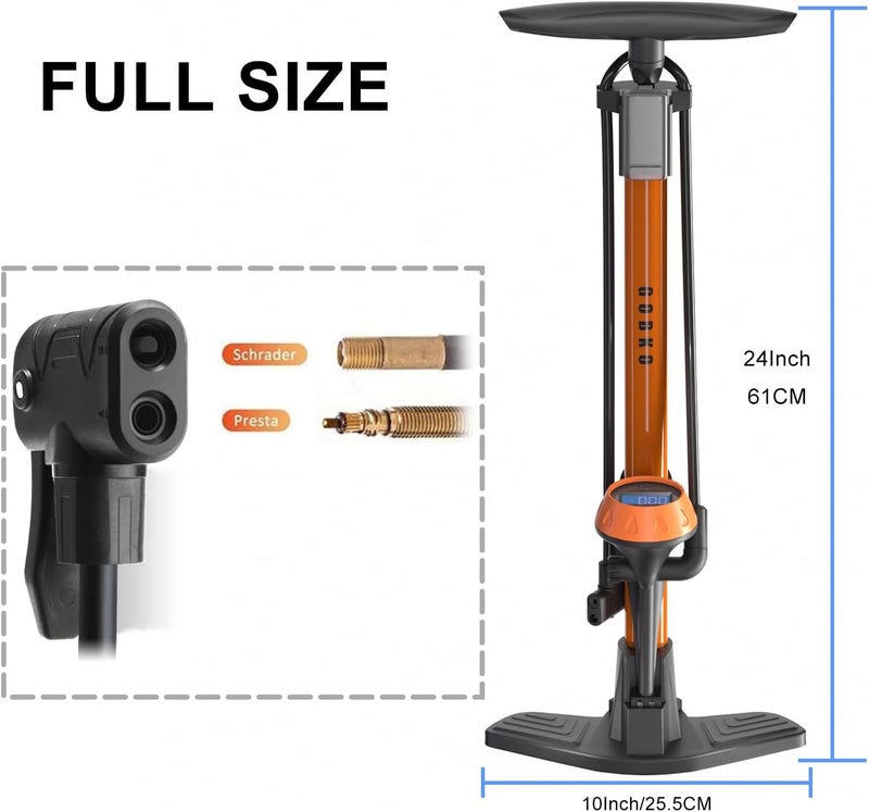 GOBKO Bike Pump with Gauge,Bicycle Floor Pump for Presta and Schrader Valves Bike Tire Pumps Inflator High Pressure 160PSI & 11BAR Portable Air Pump for Road Bike Car MTB Sports Balls - Image 2