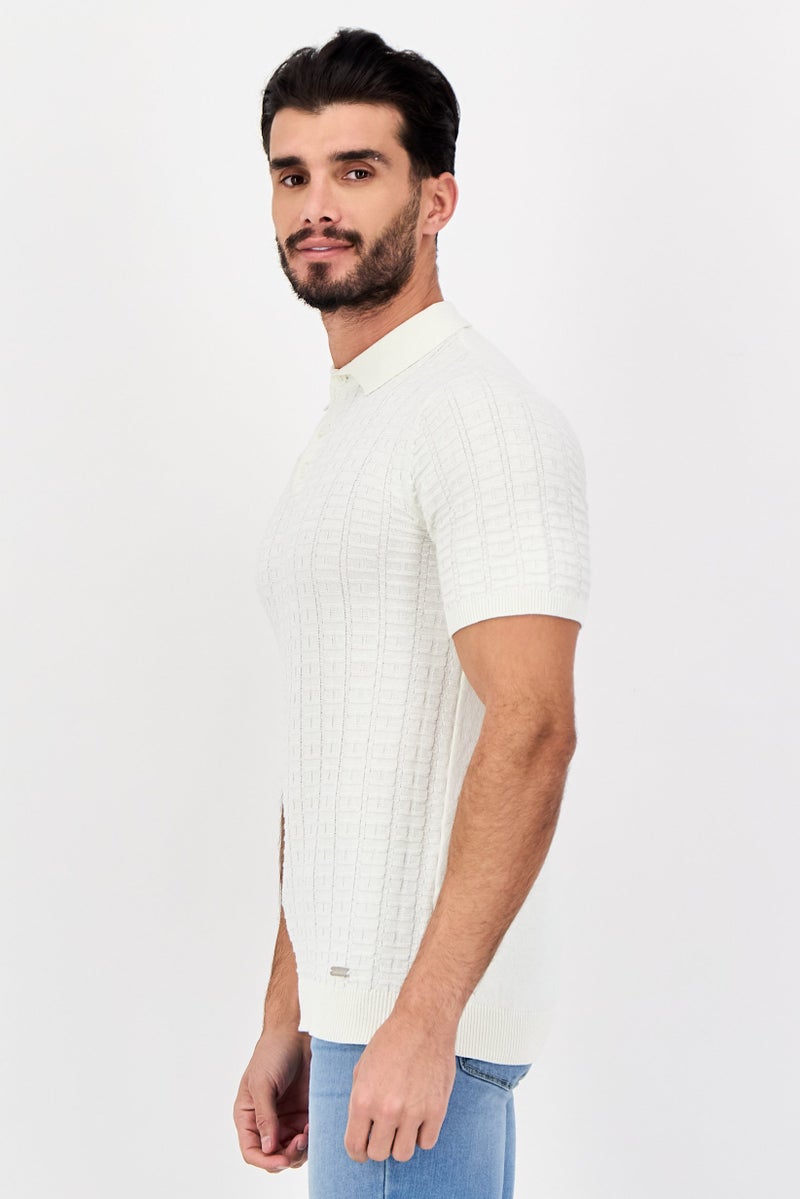 Threadbare Men Regular Fit Short Sleeve Textured Polo Shirt, Off White - Image 2