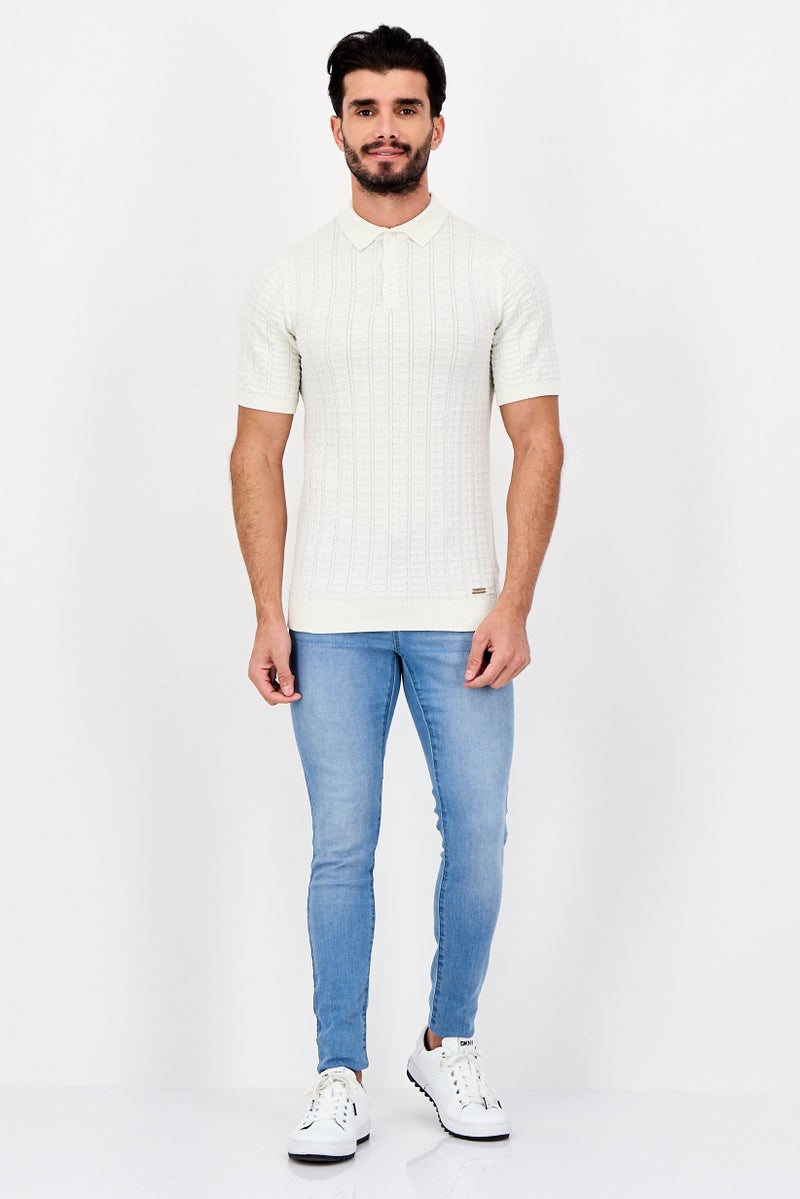 Threadbare Men Regular Fit Short Sleeve Textured Polo Shirt, Off White - Image 4
