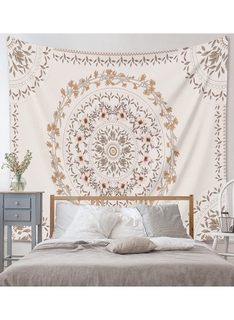 SYOSI SYOSI White Bohemian Tapestry Wall Hanging, Mandala Floral Medallion Hippie Tapestry with Light Brown Aesthetic Wreath Design, Cream Wall Decor Blanket for Bedroom Home Dorm  - Image 1