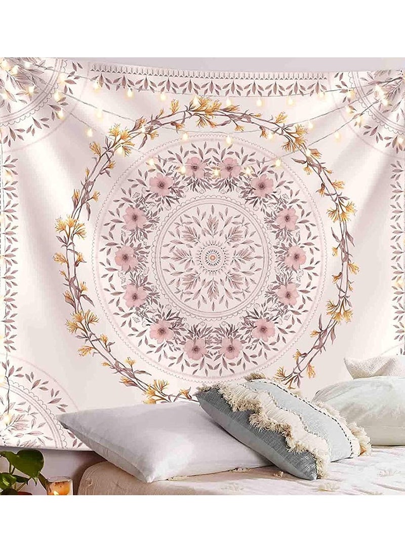 SYOSI SYOSI White Bohemian Tapestry Wall Hanging, Mandala Floral Medallion Hippie Tapestry with Light Brown Aesthetic Wreath Design, Cream Wall Decor Blanket for Bedroom Home Dorm  - Image 3
