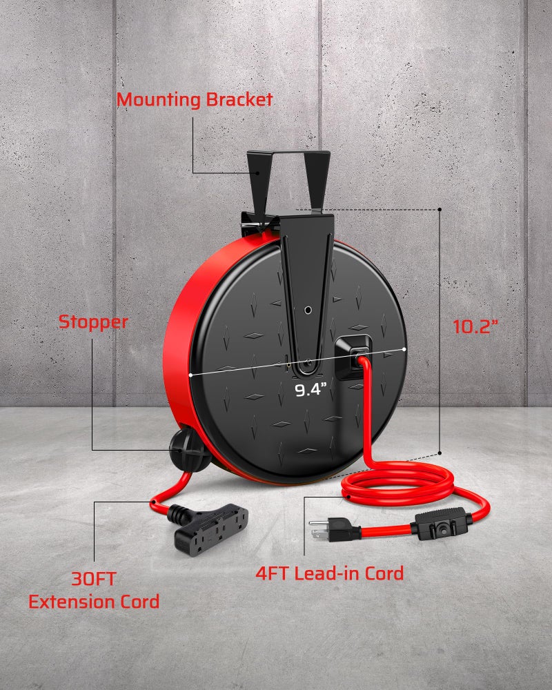 DEWENWILS 30FT Extension Cord Reel, 16/3 Gauge SJTW Power Cord, Retractable Cord Reel with 3 Outlets, Ceiling/Wall Mount for Garage, Workshop, 10A Circuit Breaker, Metal Plate, UL Listed, Red - Image 3
