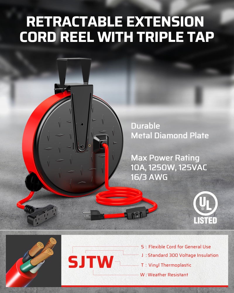 DEWENWILS 30FT Extension Cord Reel, 16/3 Gauge SJTW Power Cord, Retractable Cord Reel with 3 Outlets, Ceiling/Wall Mount for Garage, Workshop, 10A Circuit Breaker, Metal Plate, UL Listed, Red - Image 2