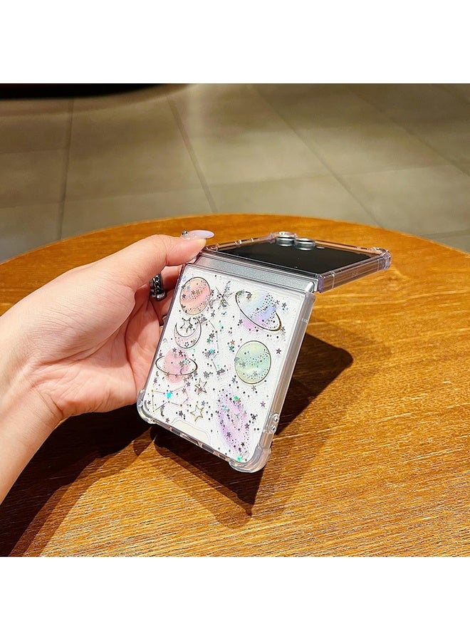 Wffo For Samsung Z Flip 7 Phone Case - Cute Clear Phone Case - Glitter Planet Phone Case with Stars and Moon - TPU Shockproof Protective Transparent Phone Cover - Image 3