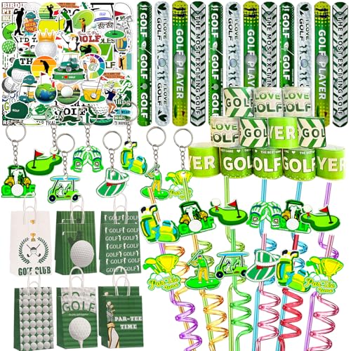 Meaxur 110 Pcs Golf Party Favor Set Includes Golf Theme Slap Bracelet Golf Drinking Straws Golf Ball Keychain Golf Gift Bags Golf Stickers for Golf Goodies Bags Filler Golf Birthday Party Decorations - Image 1