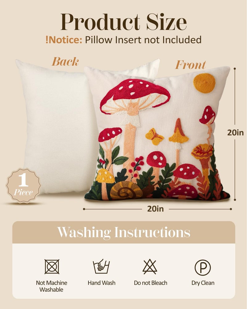 Kokaaee Embroidered Throw Pillow Cover 20x20 Inch - Spring Summer Boho Decorative Pillow Cover with Zipper for Living Room Couch Sofa Bed Aesthetic Design Mushroom Moon Cushion Pillowcase - Image 4