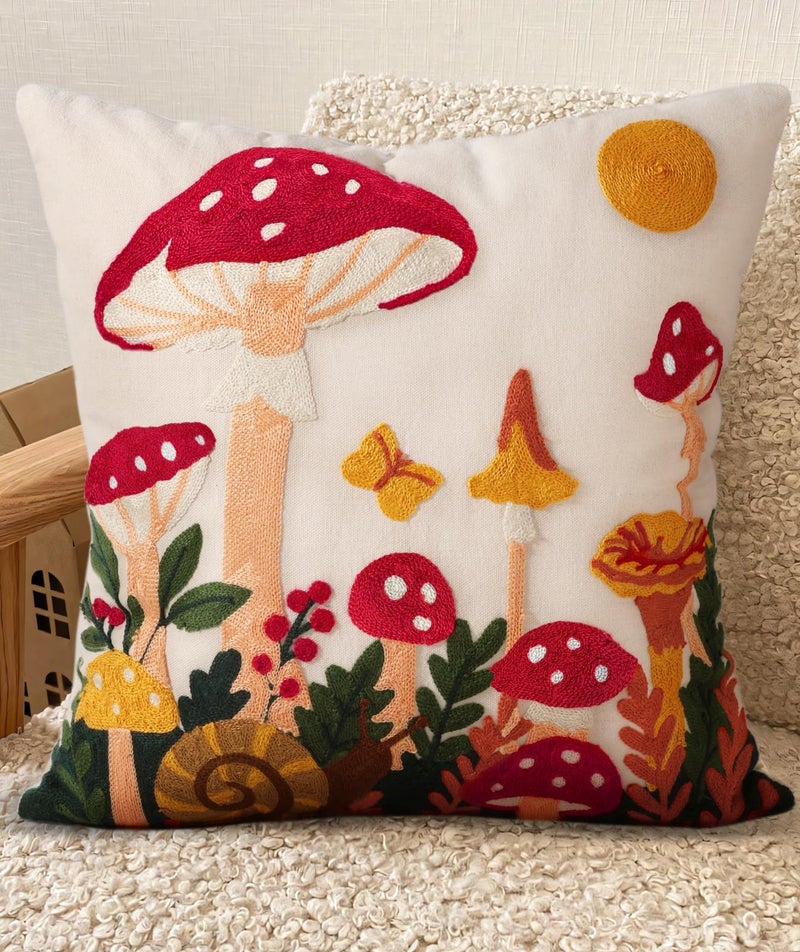 Kokaaee Embroidered Throw Pillow Cover 20x20 Inch - Spring Summer Boho Decorative Pillow Cover with Zipper for Living Room Couch Sofa Bed Aesthetic Design Mushroom Moon Cushion Pillowcase - Image 1
