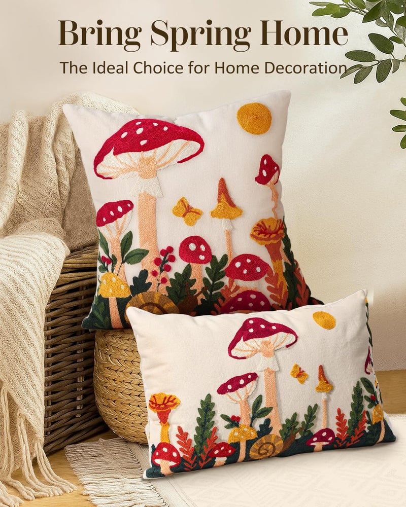 Kokaaee Embroidered Throw Pillow Cover 20x20 Inch - Spring Summer Boho Decorative Pillow Cover with Zipper for Living Room Couch Sofa Bed Aesthetic Design Mushroom Moon Cushion Pillowcase - Image 5