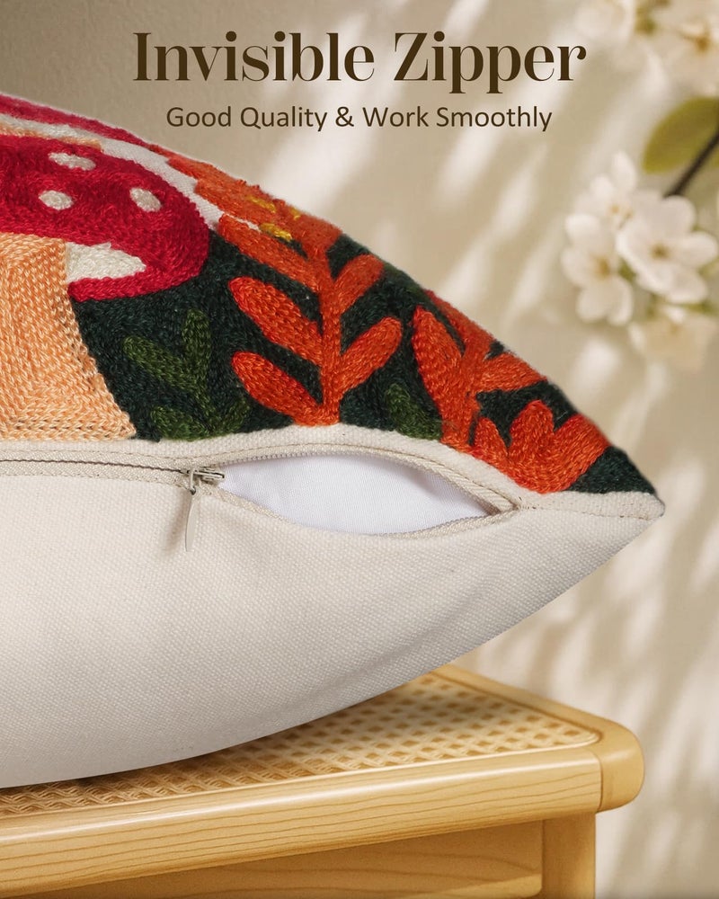 Kokaaee Embroidered Throw Pillow Cover 20x20 Inch - Spring Summer Boho Decorative Pillow Cover with Zipper for Living Room Couch Sofa Bed Aesthetic Design Mushroom Moon Cushion Pillowcase - Image 3