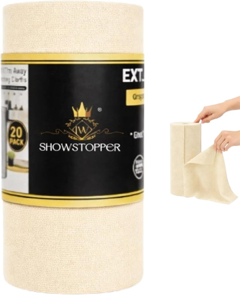 SHOWSTOPPER لفافة مناشف تنظيف من الألياف الدقيقة من ، مناشف قابلة لإعادة الاستخدام وممزقة، قابلة للغسل، فائقة الامتصاص، خرق تنظيف، مناشف أطباق، قطعة قماش للتنظيف للسيارة أو المنزل أو المطبخ. (كريمي، 25 سم × 25 سم) - Image 1